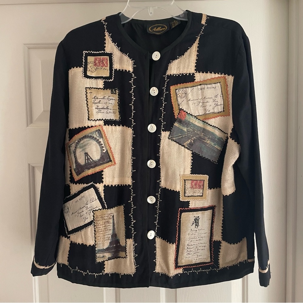 Vintage Allure Art to Wear Jacket Postcard Motif, Black/Tan Linen Blend Size M